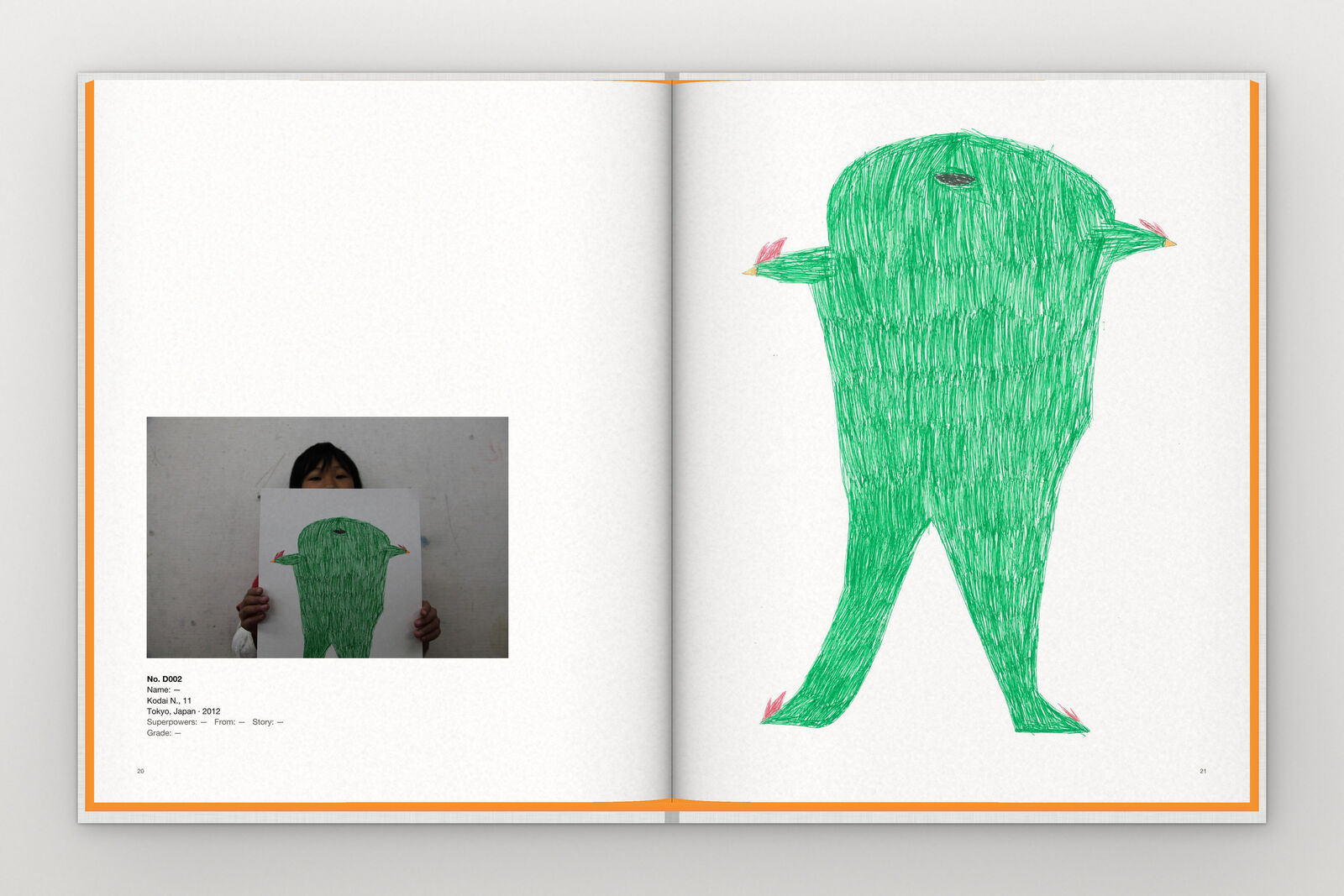 Vol. 1 open at drawing No. 2: the child holding it up beside, the drawing whole on the right page
