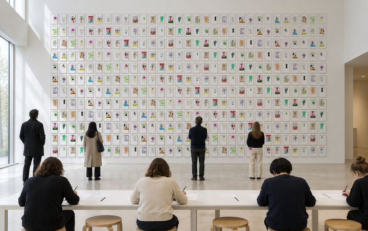 Imagined: A large hall hung with drawings