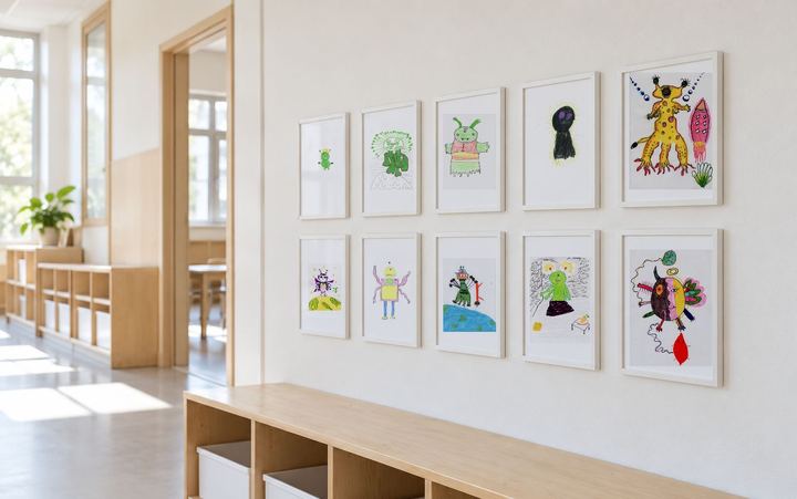 Imagined: A classroom wall with ten framed drawings