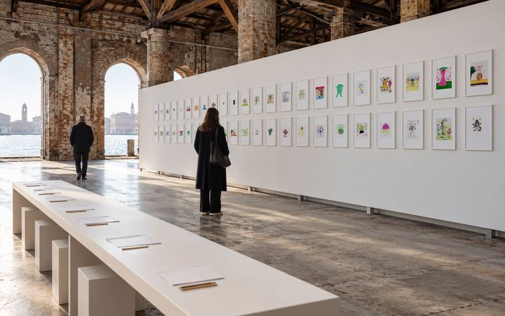 Imagined: A hall by the water hung with drawings